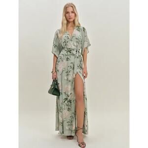 Reformation Winslow Floral Kimono Sleeve Wrap Maxi Dress Sage Green Sz M Boho